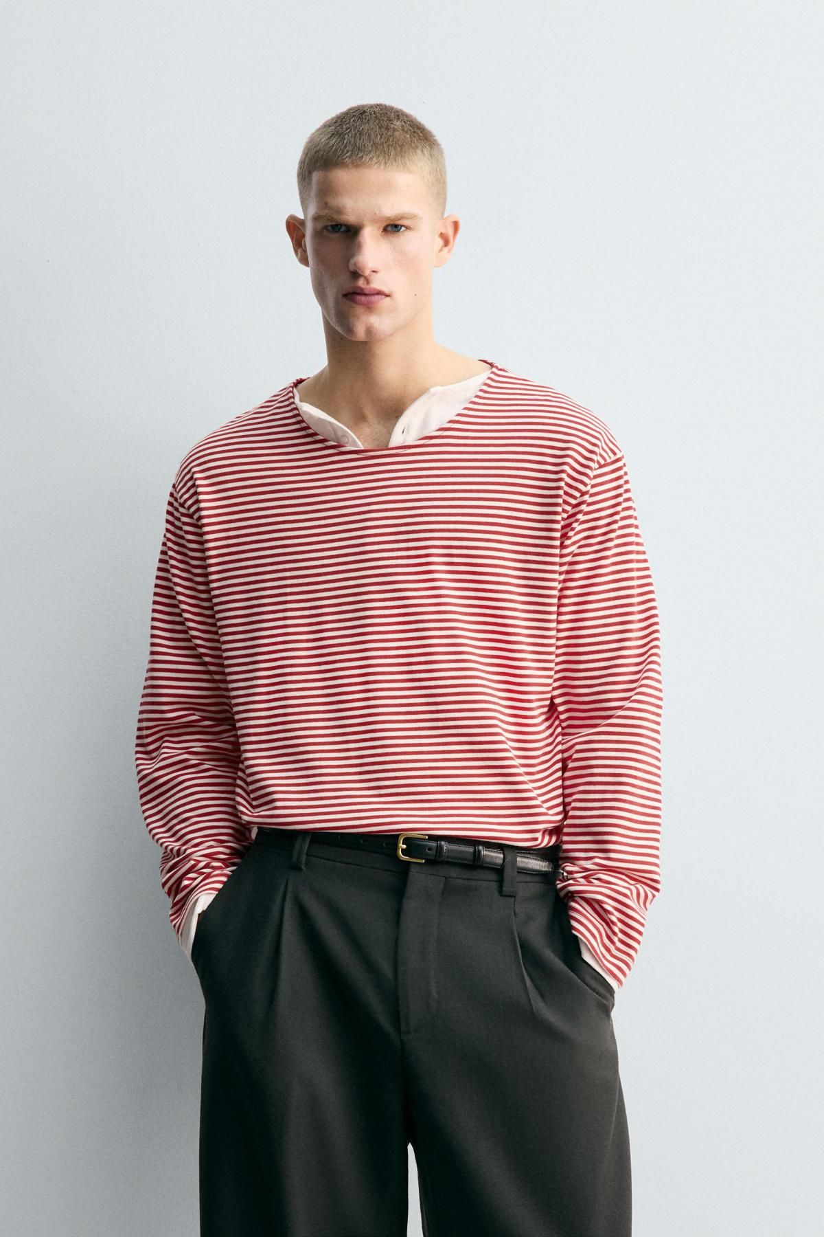 자라 한정판 스트라이프 자카드 긴팔 티셔츠 4087/394 RED / WHITE - 상세 이미지 3