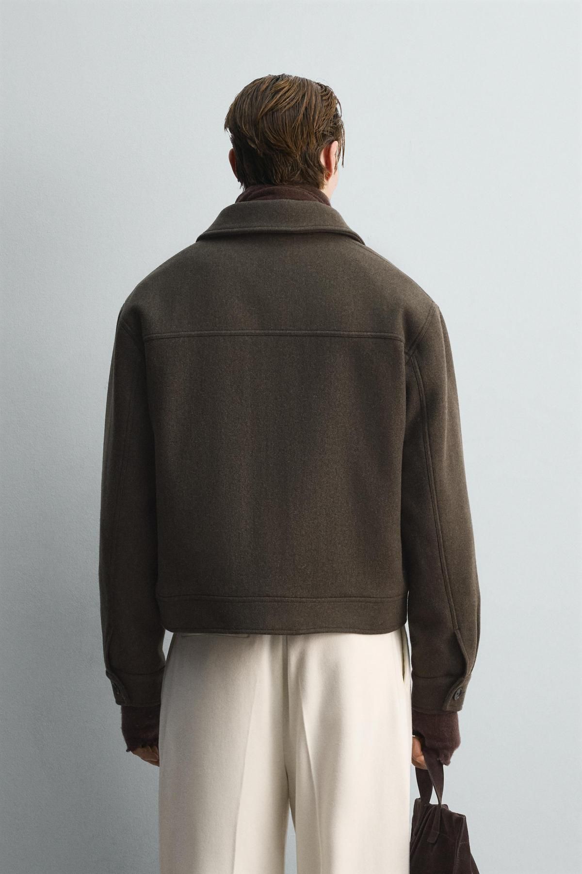 자라 한정판 울 블렌드 크롭 테일러드 재킷 6598/588 DARK KHAKI - 상세 이미지 4