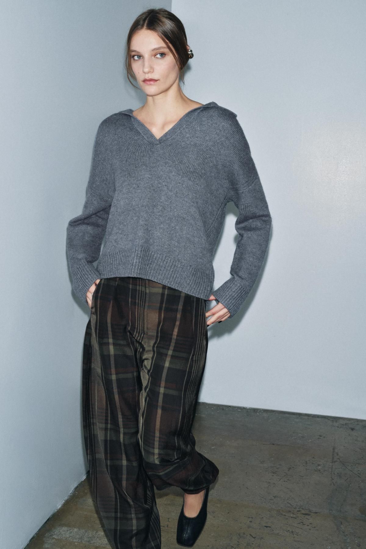 자라 울 캐시미어 브이넥 폴로 니트 스웨터 1505/103 BLUE GREY - 상세 이미지 2