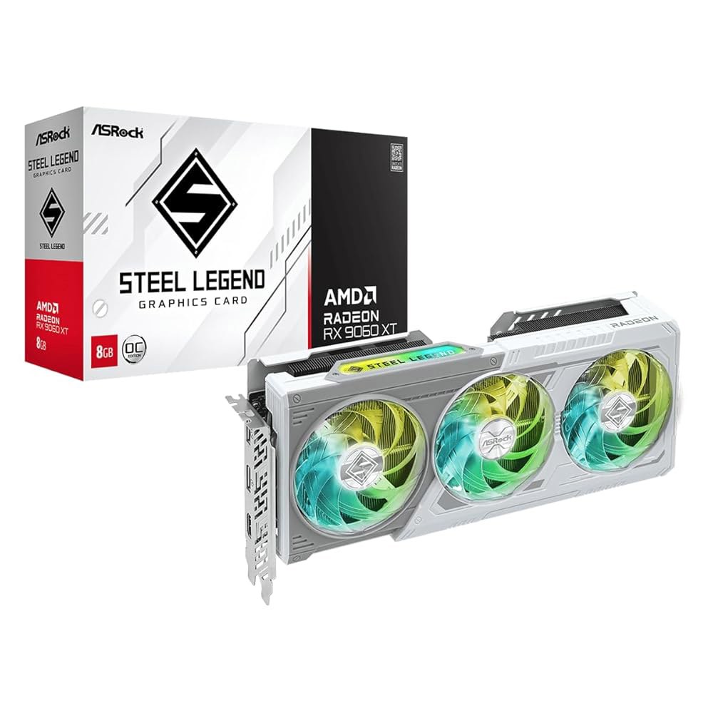ASRock Radeon RX 9060 XT 스틸 3320 OC GDDR6 PCIe 2.1b 카드 0dB 그래픽 HDMI 금속 포트 트리플 냉각 5.0 디스플레이 팬 부스트 백플레 - 상품 이미지