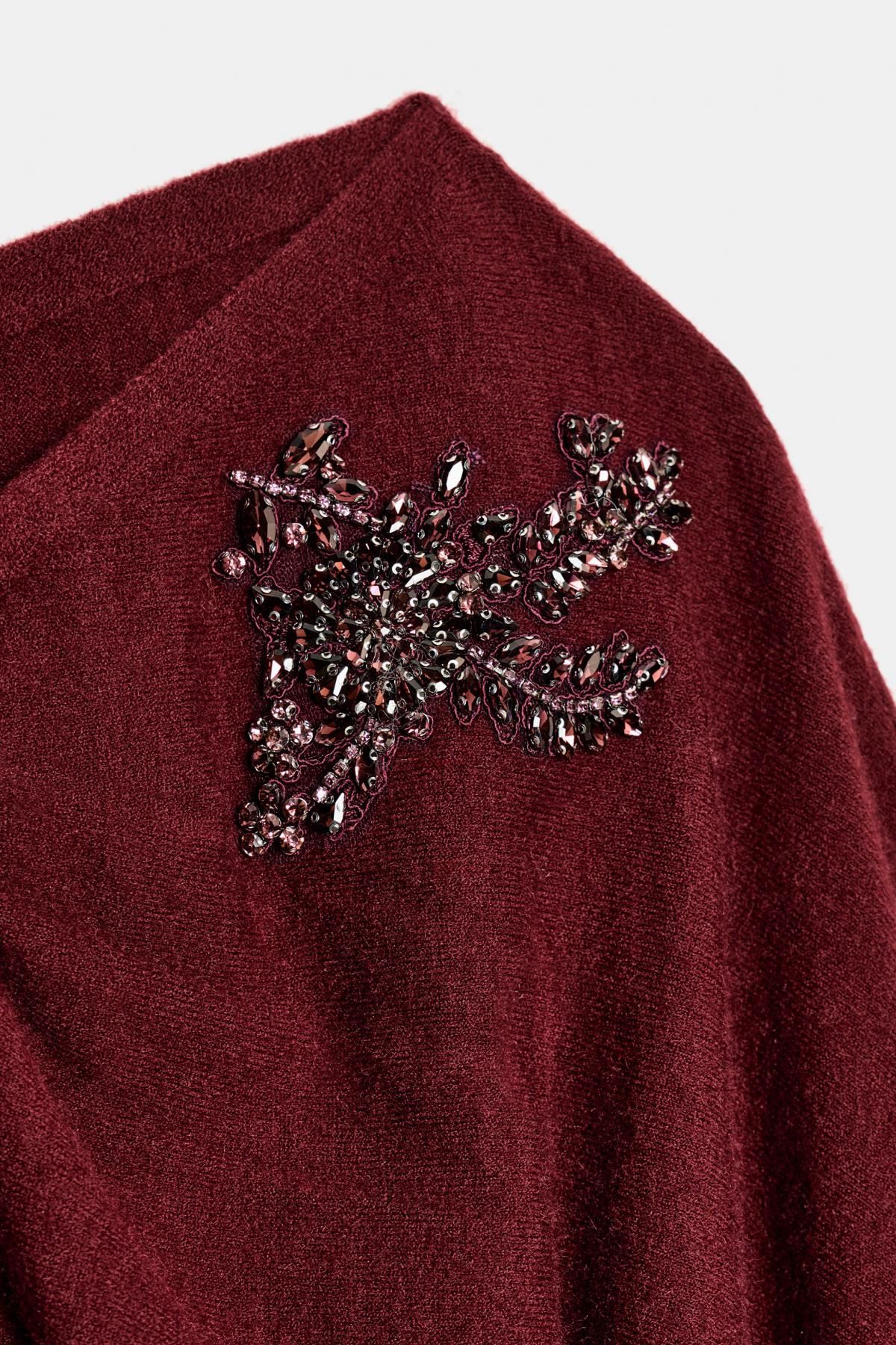 자라 글리터 비대칭 라인스톤 니트 스웨터 3920/849 BURGUNDY - 상세 이미지 5