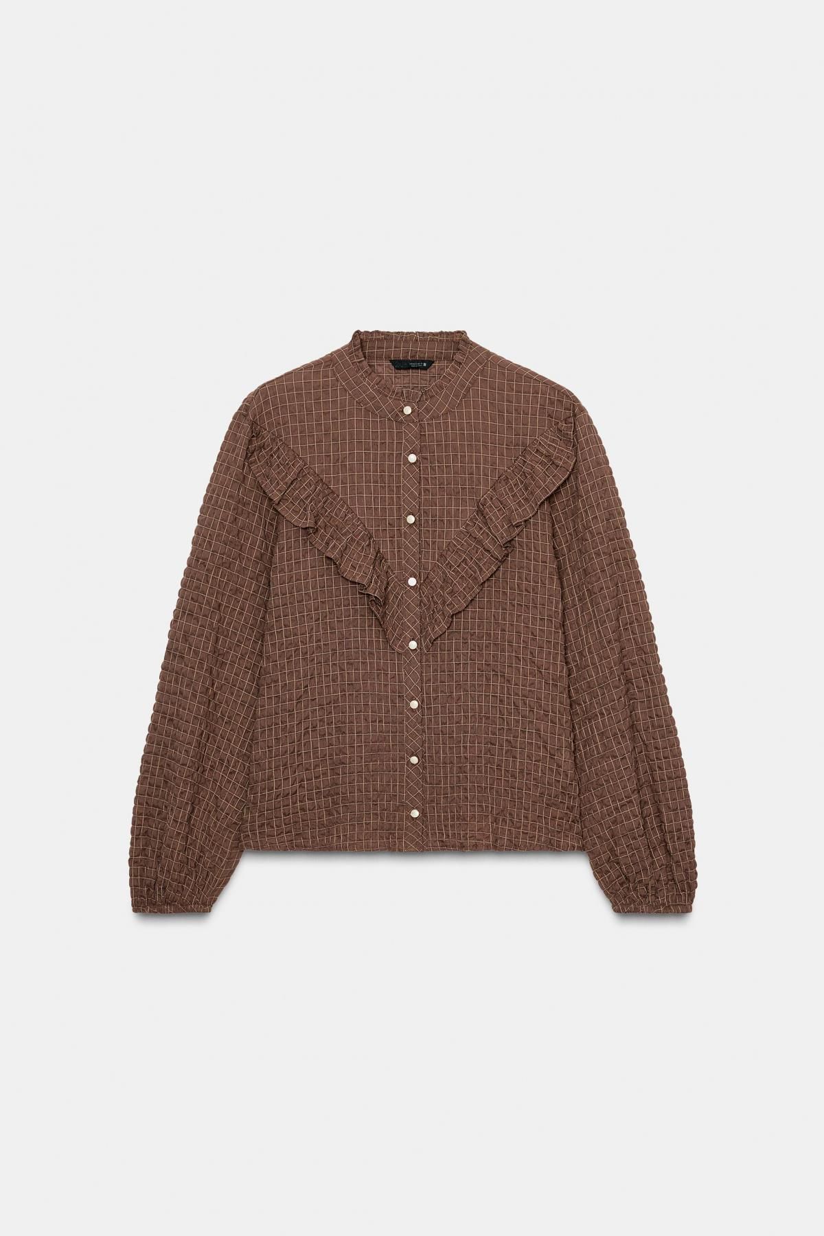 자라 러플 체크 긴팔 블라우스 라운드넥 3897/186 BROWN / ECRU - 상품 이미지