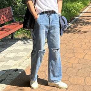 남자 마키아 봄 여름 가을 빈티지 구제 커팅 데미지 와이드 데님 착용 후기 | 사이즈/핏 총정리 - 상품 이미지 1