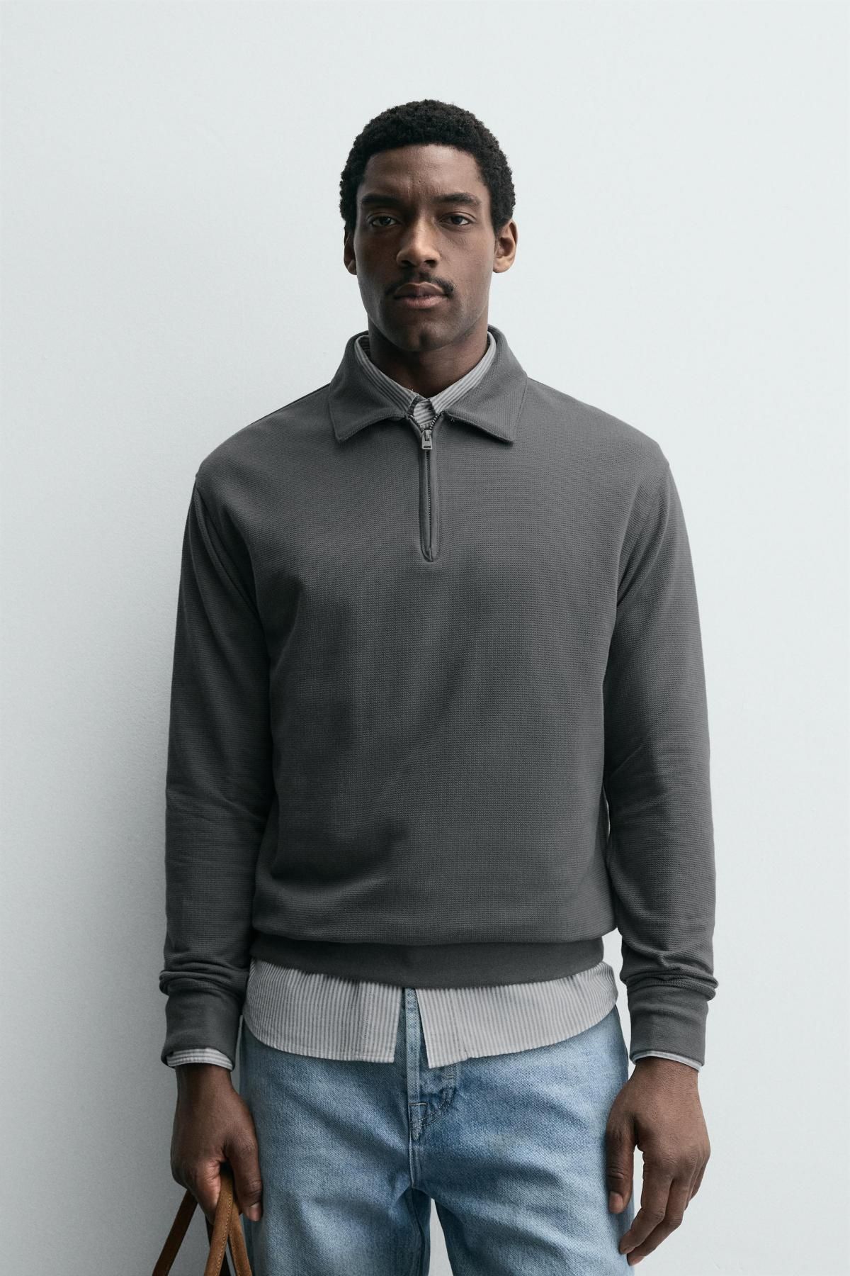 자라 테크니컬 텍스처 집업 긴팔 폴로셔츠 6462/315 LIGHT GREY - 상세 이미지 3