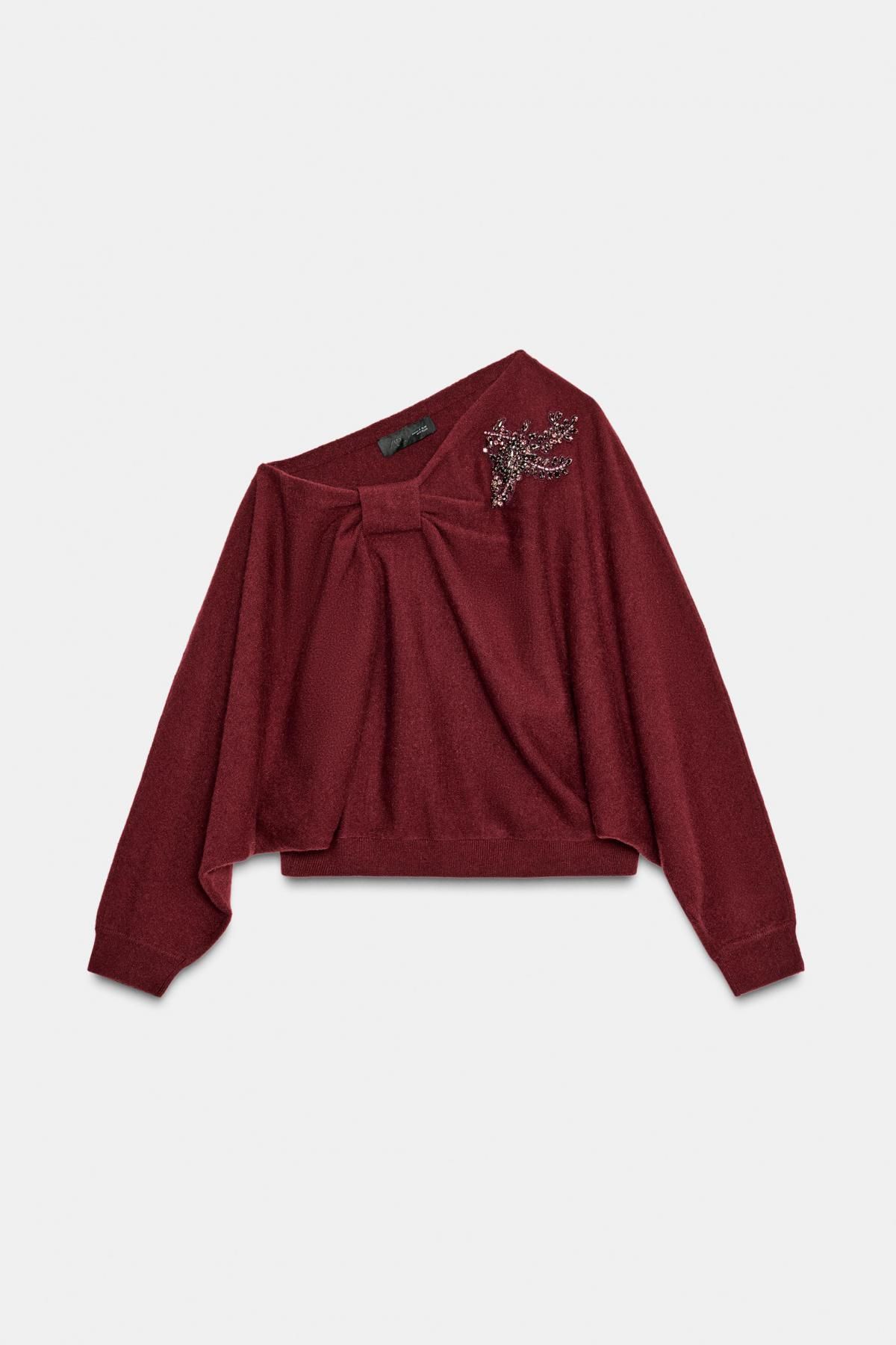 자라 글리터 비대칭 라인스톤 니트 스웨터 3920/849 BURGUNDY - 상품 이미지