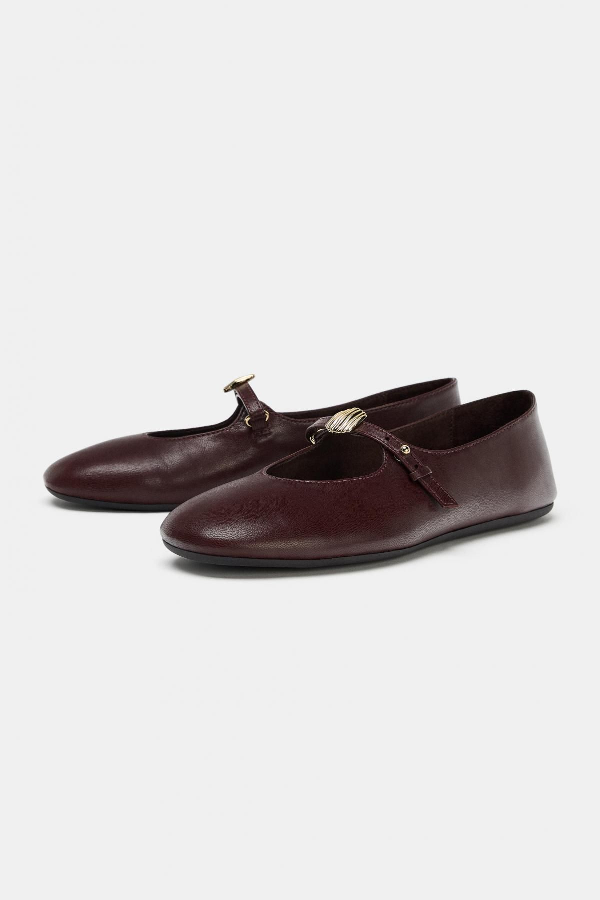 자라 가죽 스트랩 발레리나 플랫슈즈 2559/610 BURGUNDY RED - 상세 이미지 5
