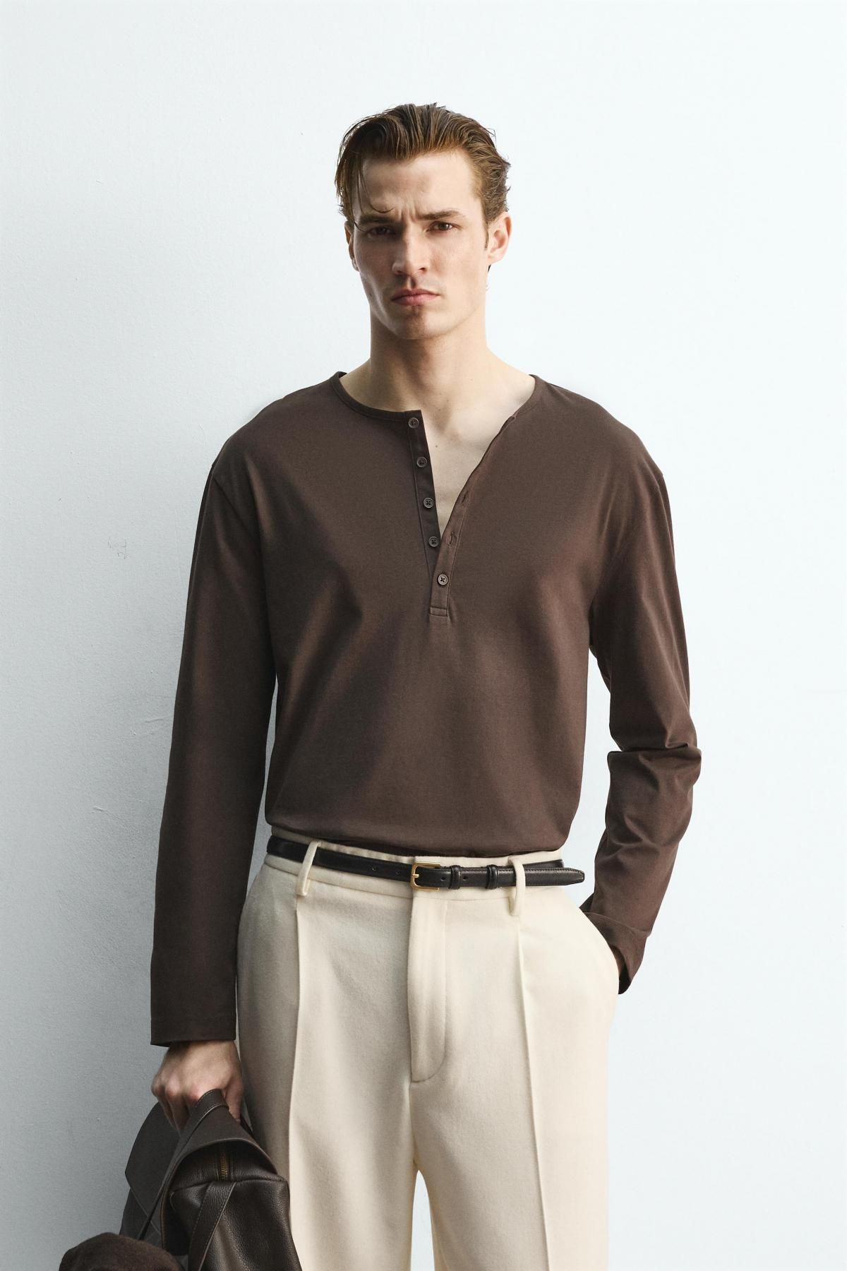 자라 한정판 헨리넥 긴팔 티셔츠 4092/364 BROWN - 상세 이미지 3