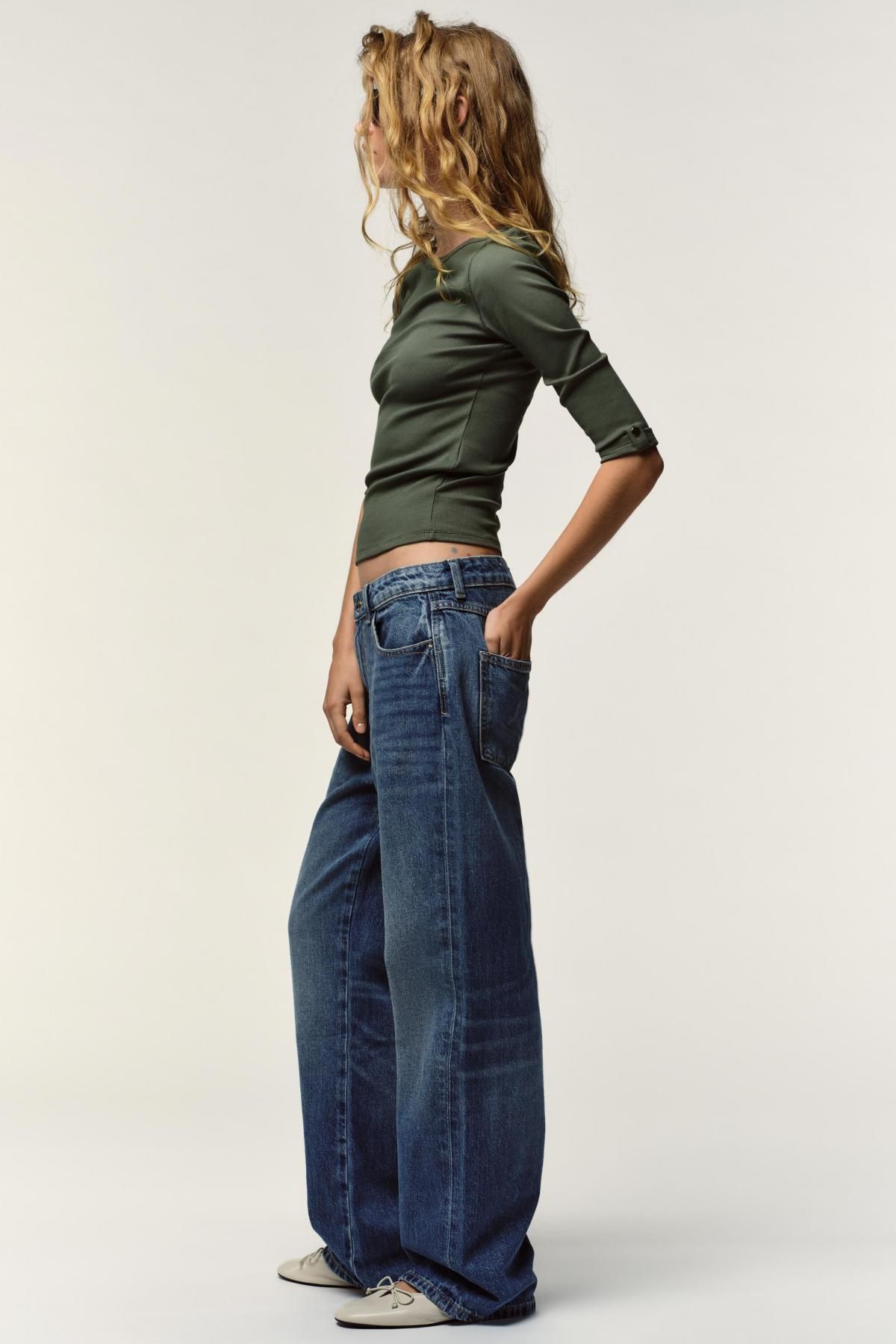 자라 슬림핏 보트넥 메탈버튼 골지 긴팔 티셔츠 5644/484 KHAKI - 상세 이미지 5