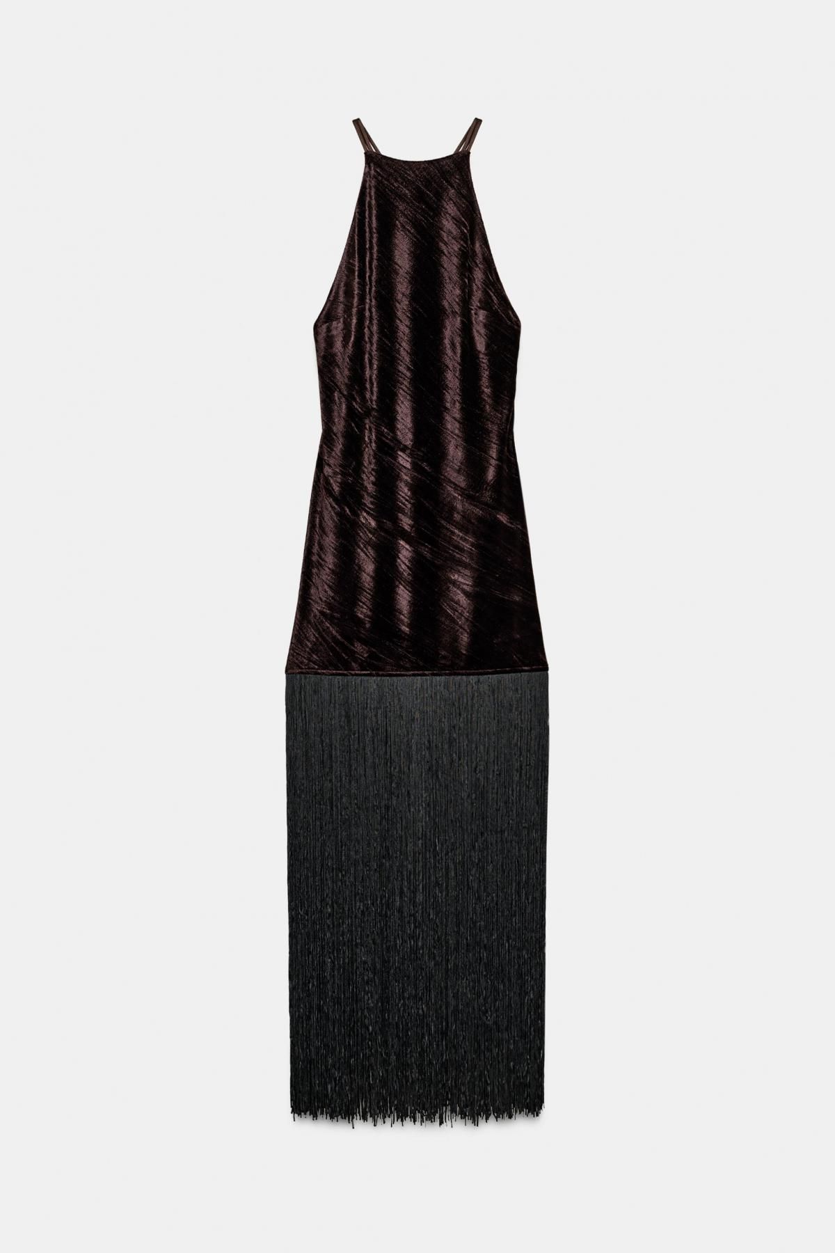자라 벨벳 프린지 미디 원피스 홀터넥 오픈백 9681/871 BROWN - 상품 이미지