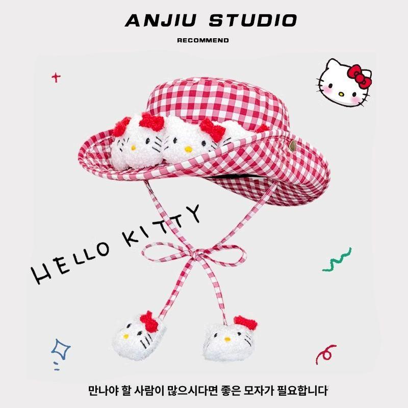 헬로키티 모자 버킷햇 자외선 차단 챙넓은 벙거지 선물 레드 체크 귀여운 - 상품 이미지
