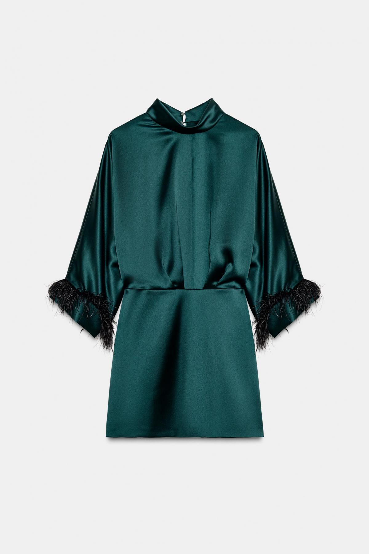 자라 페더 새틴 하이넥 미니 원피스 8893/399 DARK GREEN - 상품 이미지