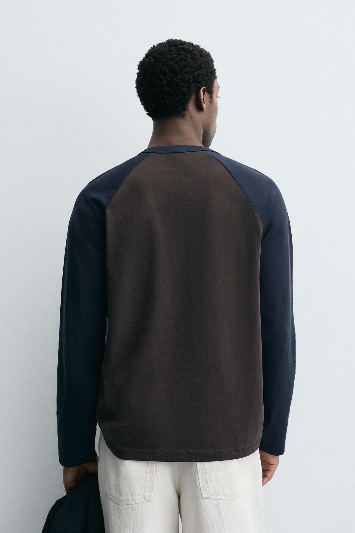자라 테크니컬 컬러블록 래글런 긴팔 티셔츠 1887/321 BROWN-BLUE - 상세 이미지 4