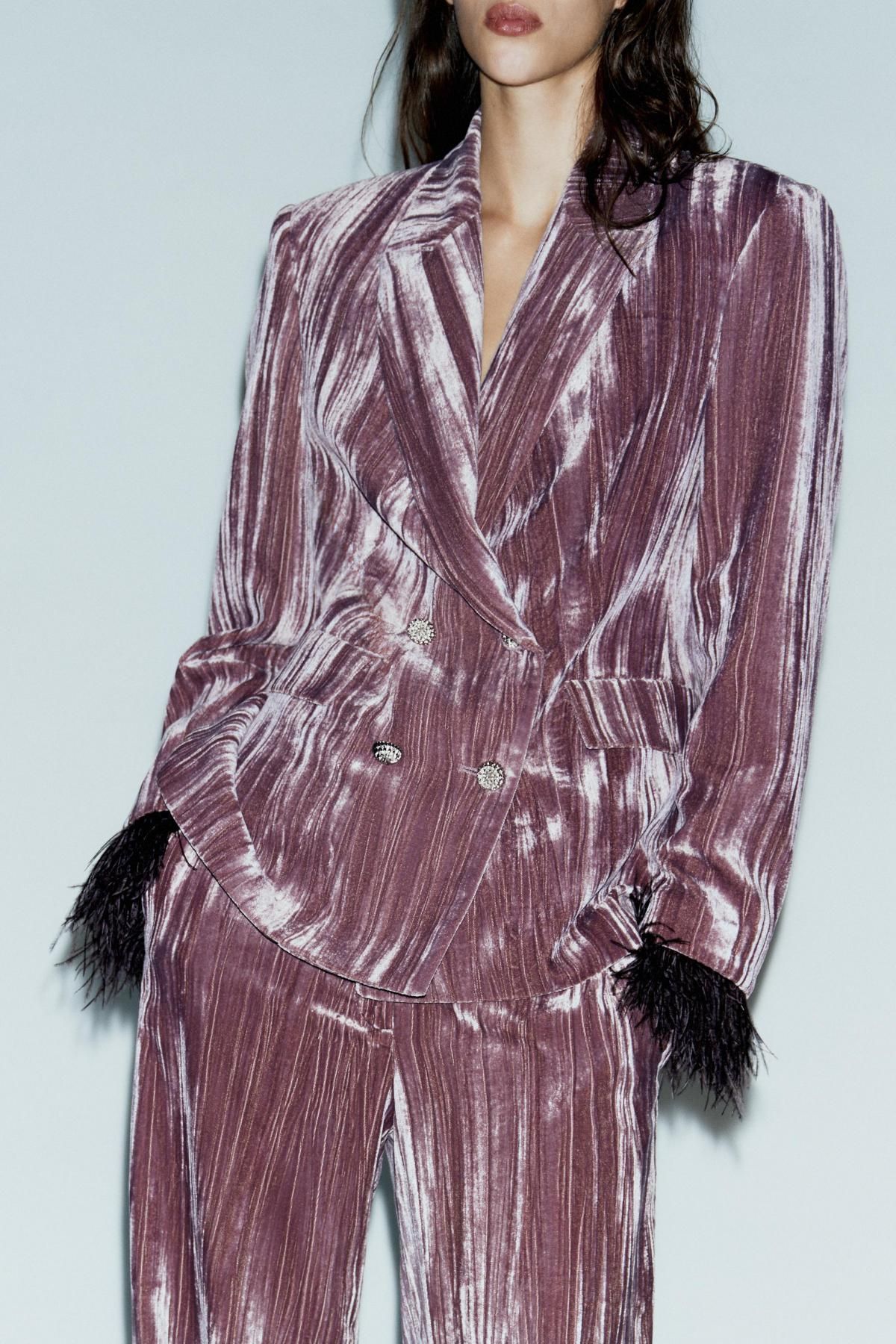 자라 벨벳 더블브레스트 페더 블레이저 9332/797 MAUVE - 상세 이미지 5