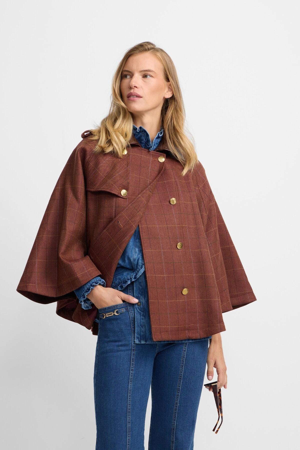 실본 가죽 디테일 체크 울 케이프 브라운 6432656 ESTAMPADO MARRON - 상세 이미지 4