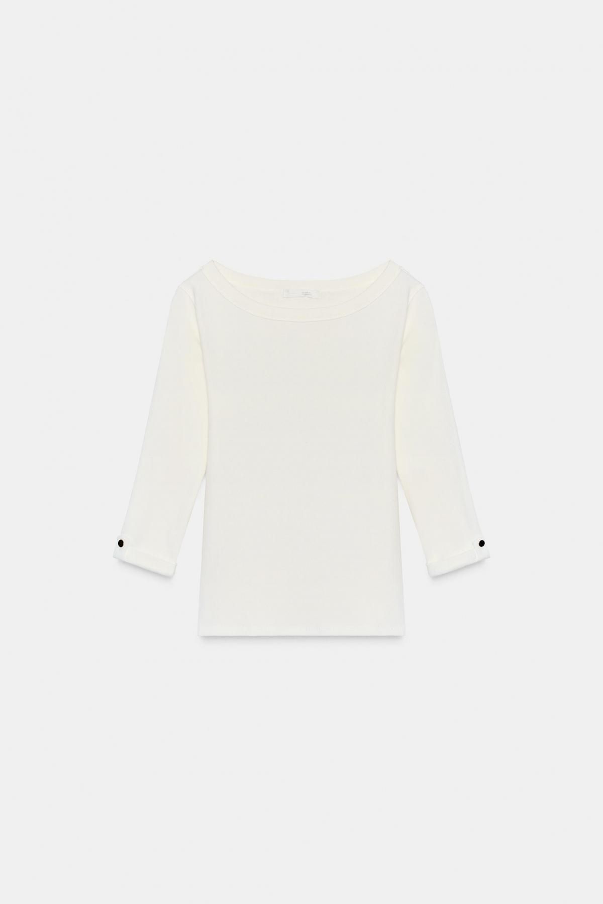자라 슬림핏 골지 보트넥 버튼 긴팔 티셔츠 5644/484 WHITE - 메인 이미지