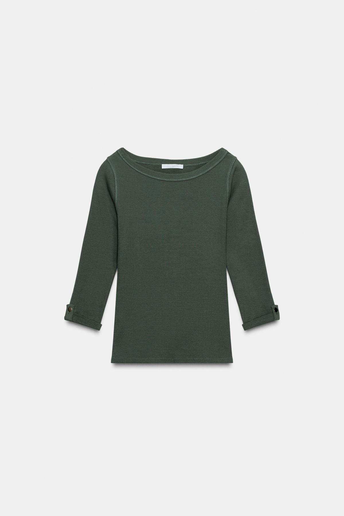 자라 슬림핏 보트넥 메탈버튼 골지 긴팔 티셔츠 5644/484 KHAKI - 상품 이미지