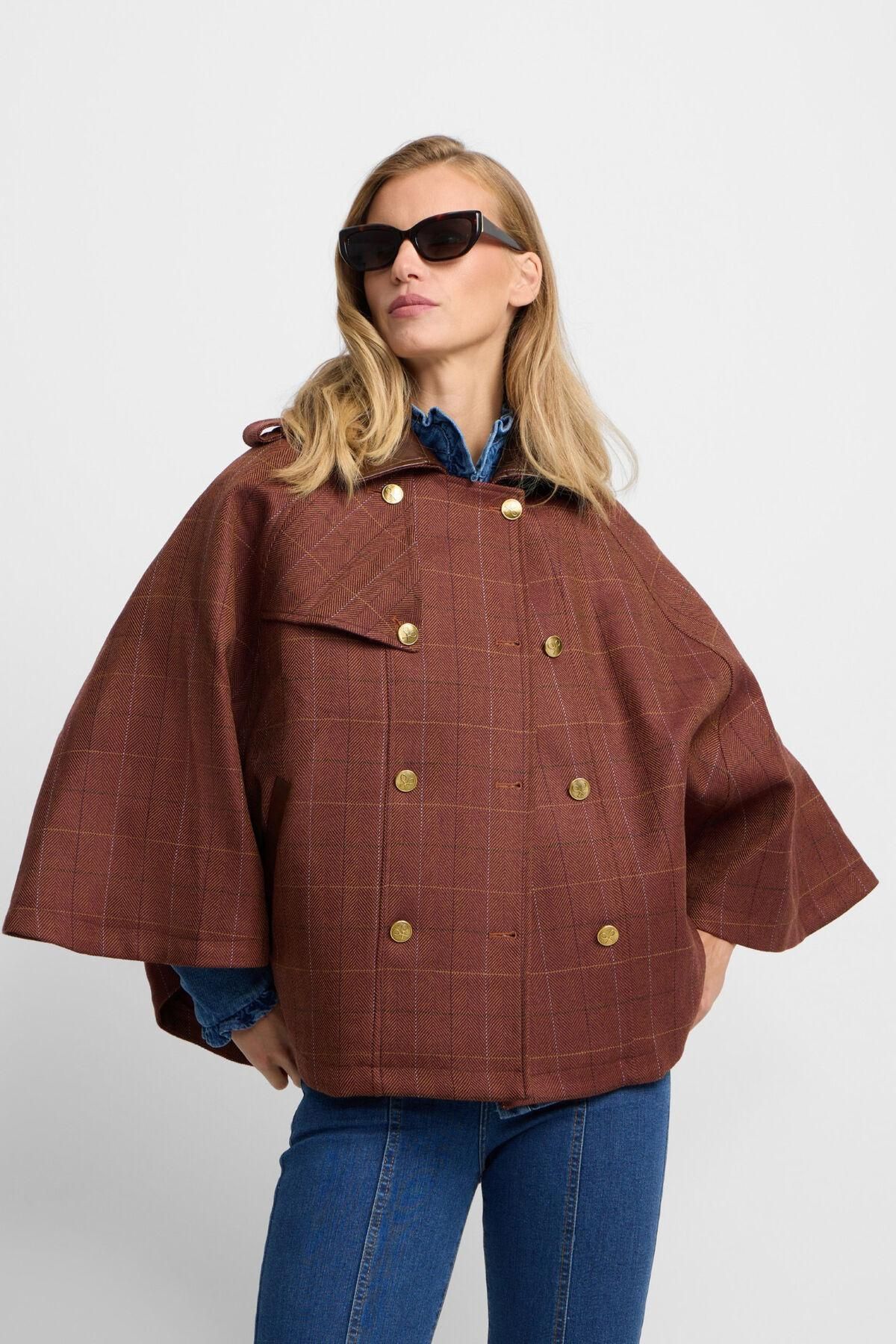 실본 가죽 디테일 체크 울 케이프 브라운 6432656 ESTAMPADO MARRON - 상세 이미지 5