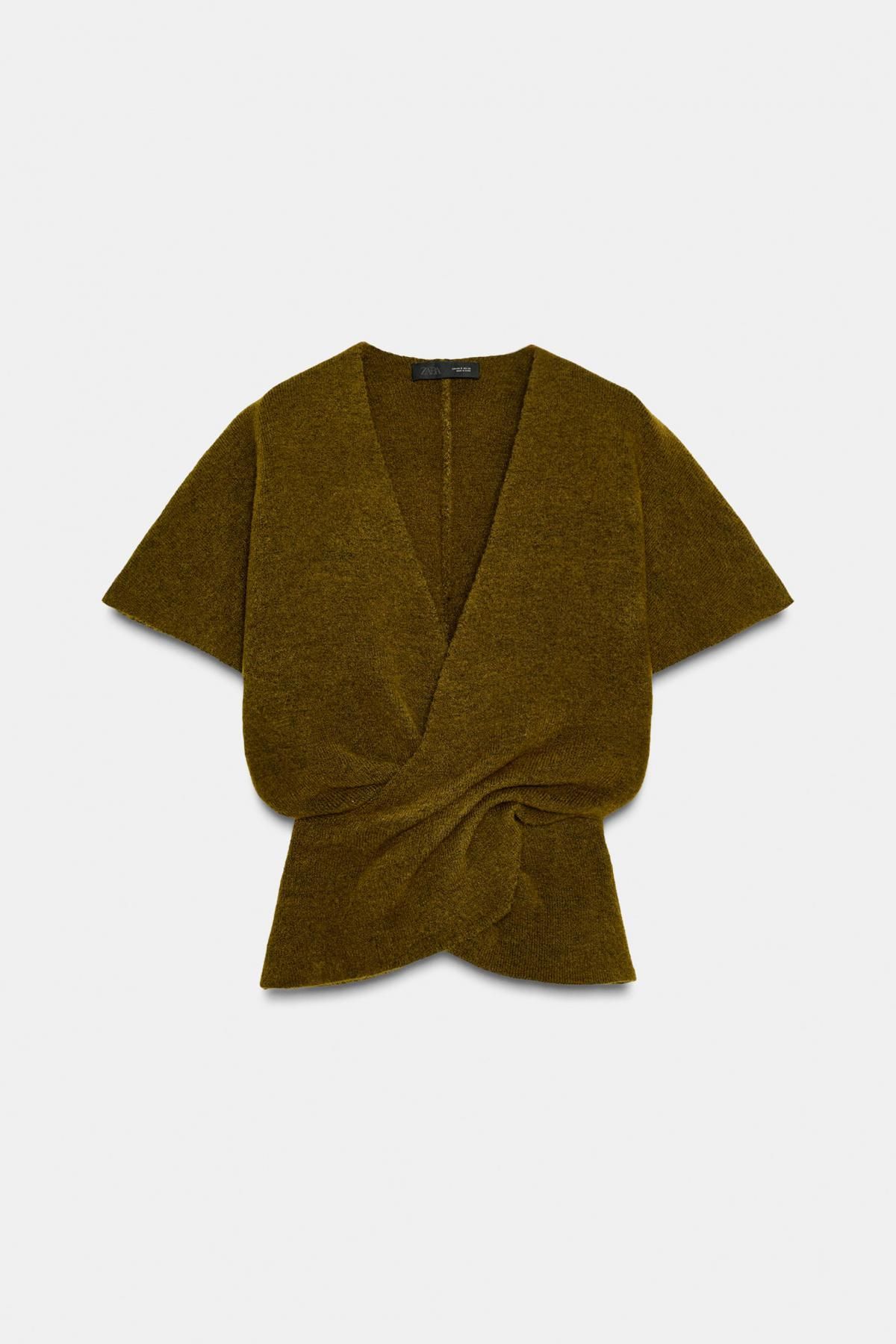 자라 드레이프 브이넥 니트 반팔 스웨터 5755/143 MID KHAKI - 상품 이미지