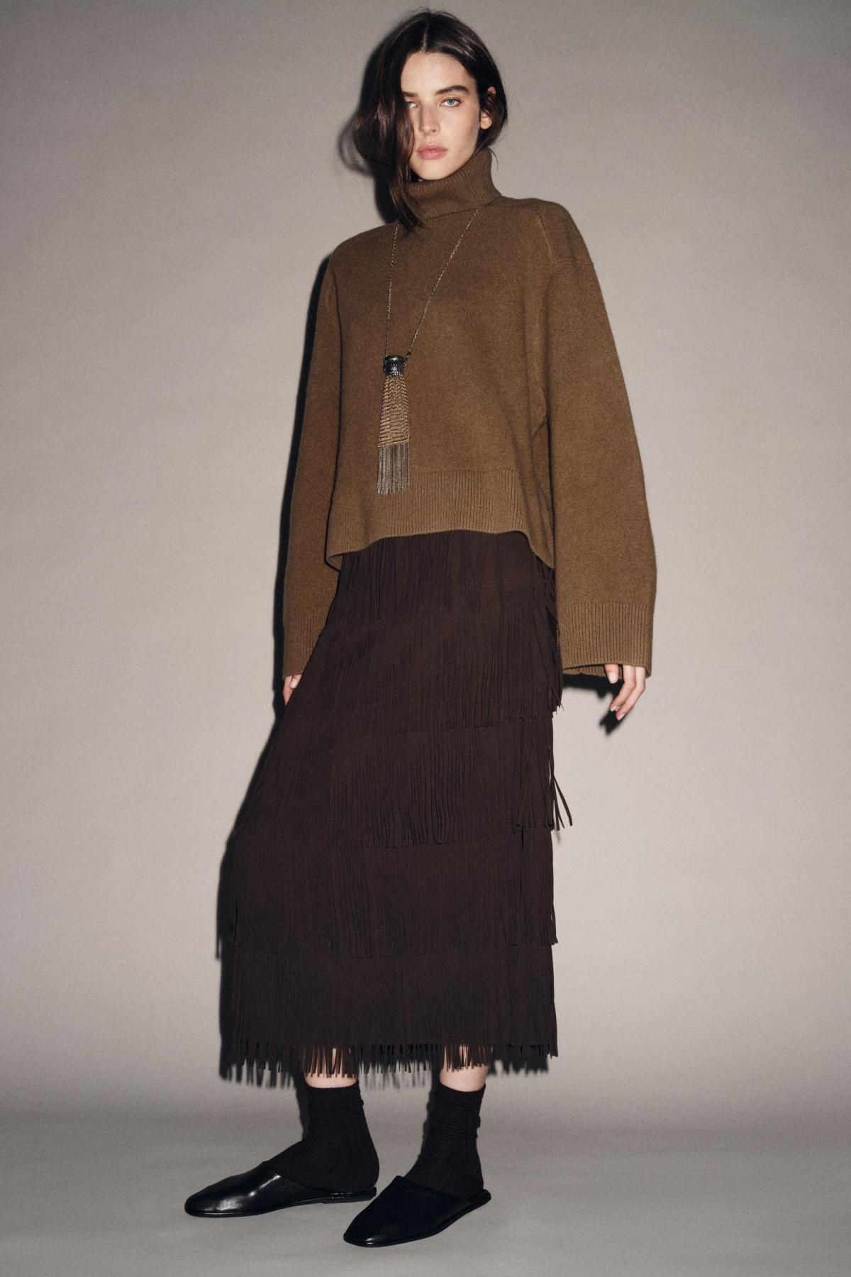 자라 프린지 미디 펜슬 스커트 4786/318 BROWN - 상세 이미지 2