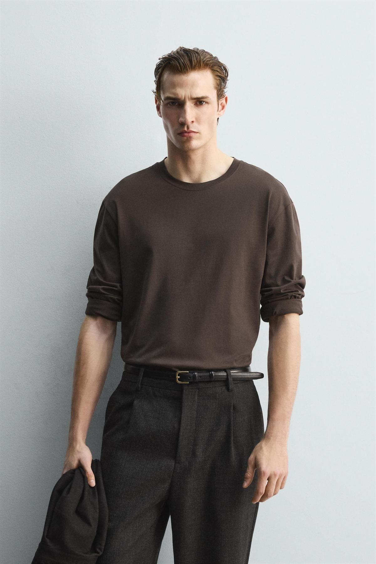 자라 머서라이즈 릴랙스핏 긴팔 티셔츠 4092/362 BROWN - 상세 이미지 3