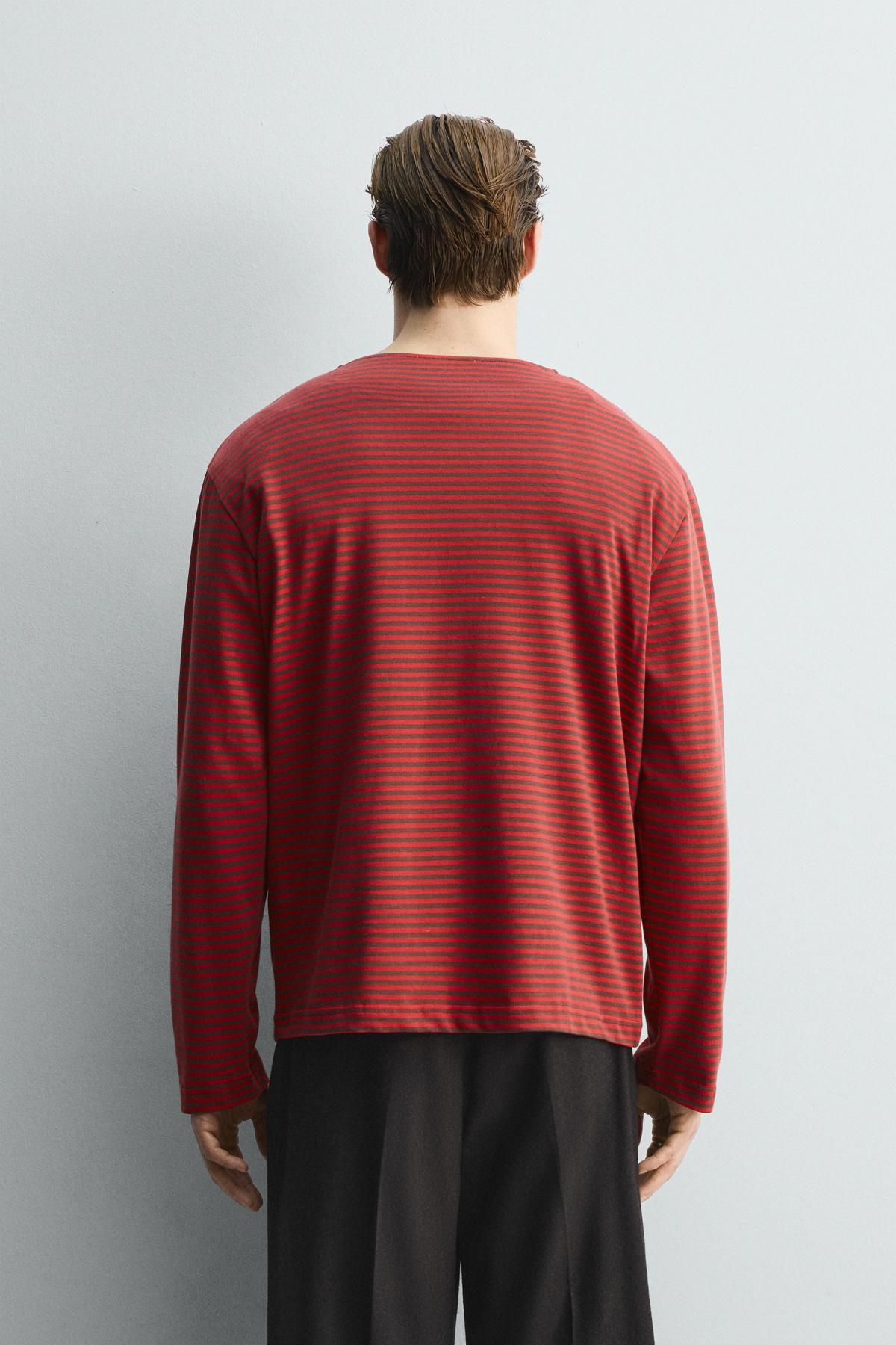 자라 한정판 자카드 스트라이프 긴팔 티셔츠 4087/395 RED - 상세 이미지 4