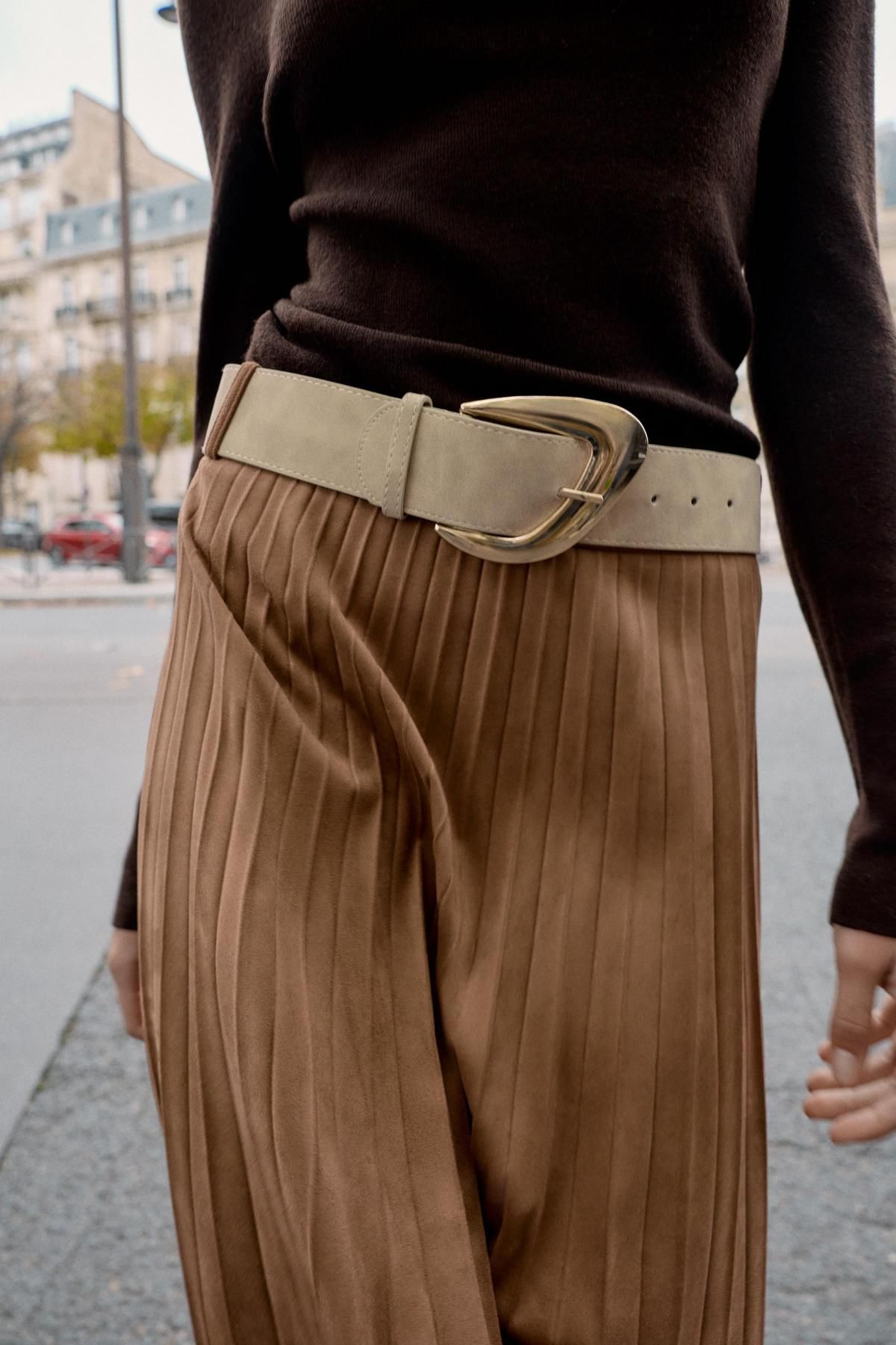 자라 플리츠 페이크 스웨이드 벨트 미디 스커트 9596/974 LIGHT BROWN 이미지 6