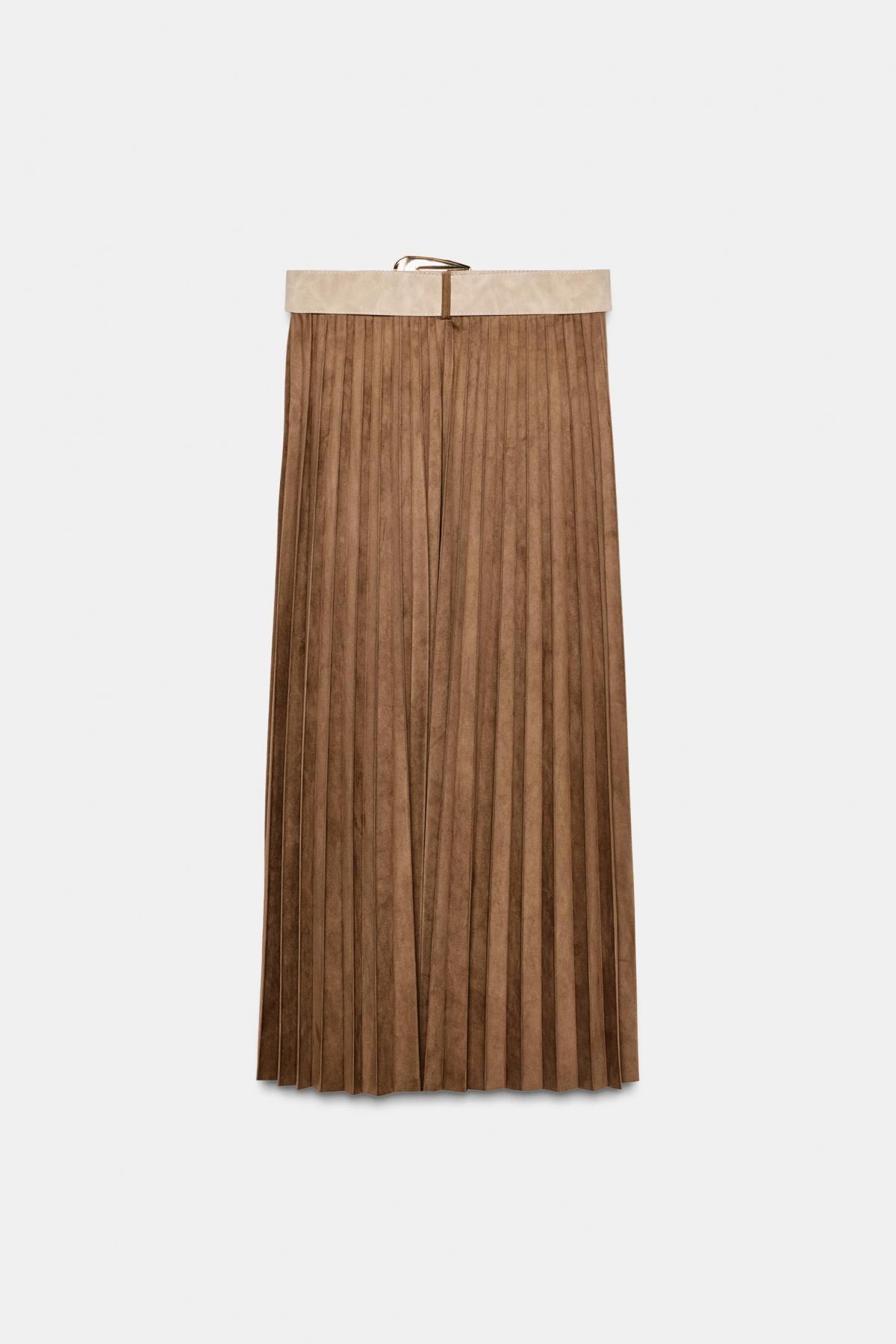 자라 플리츠 페이크 스웨이드 벨트 미디 스커트 9596/974 LIGHT BROWN 이미지 8