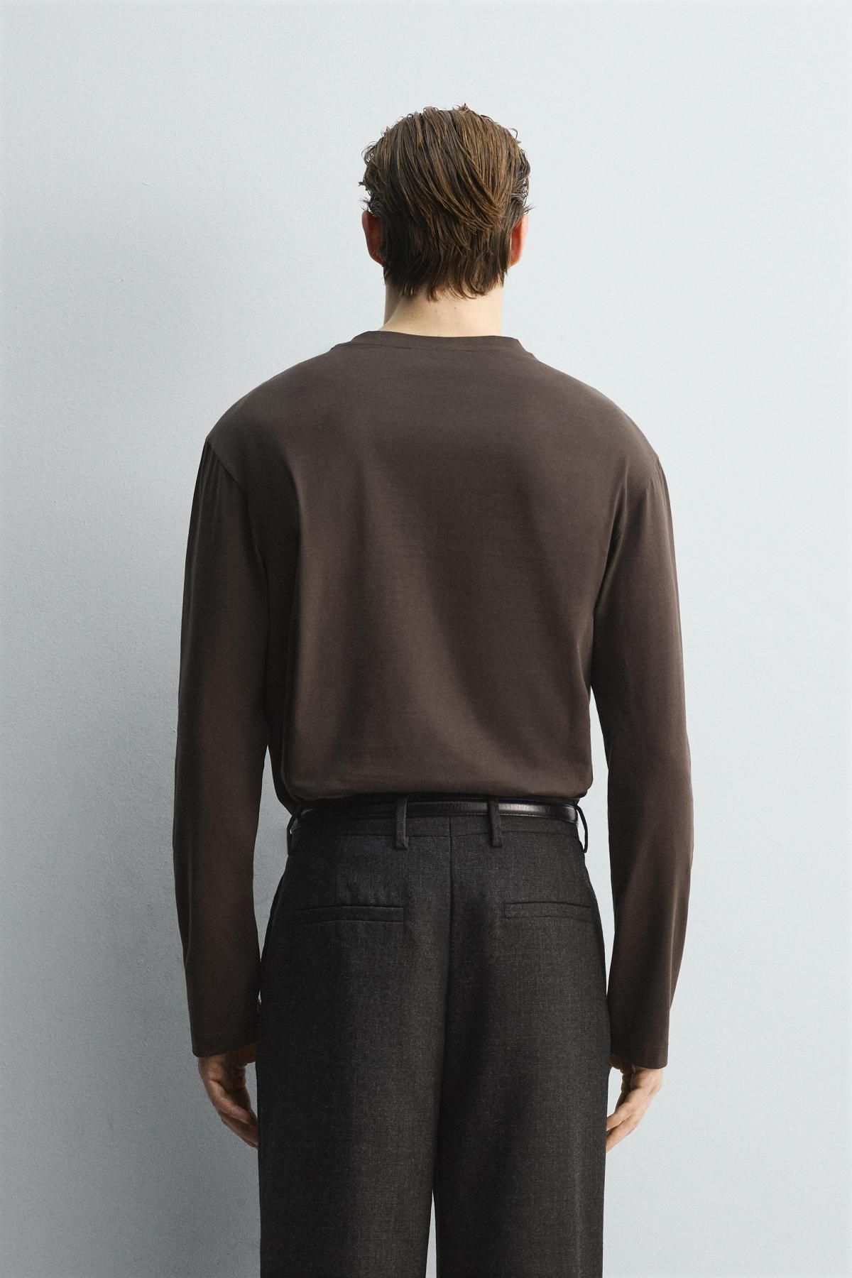자라 머서라이즈 릴랙스핏 긴팔 티셔츠 4092/362 BROWN - 상세 이미지 4