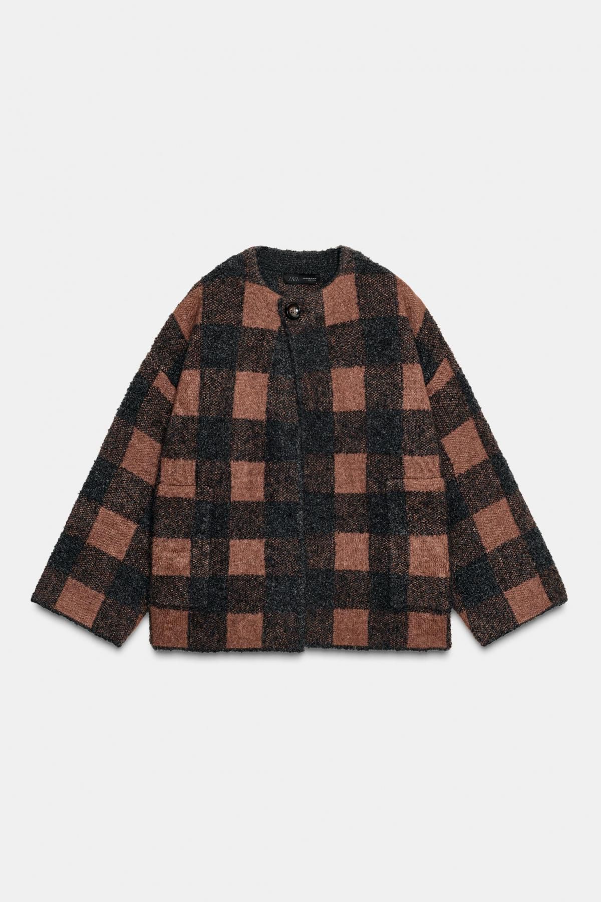 자라 체크 부클레 라운드넥 니트 코트 2756/147 GREY / TAN - 상품 이미지