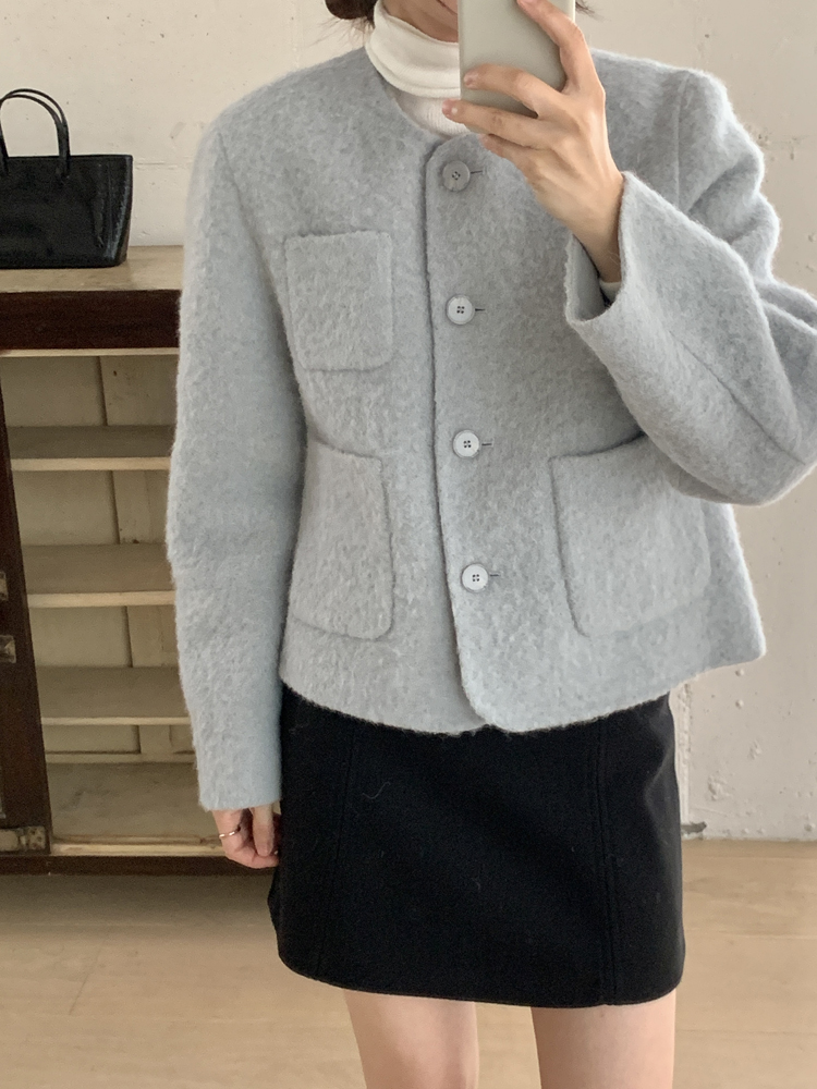 오버핏 싱글 알파카 부클 핸드메이드 코트 울 하프 반코트 노카라 숏 겨울 여성 코트 - 상세 이미지 5