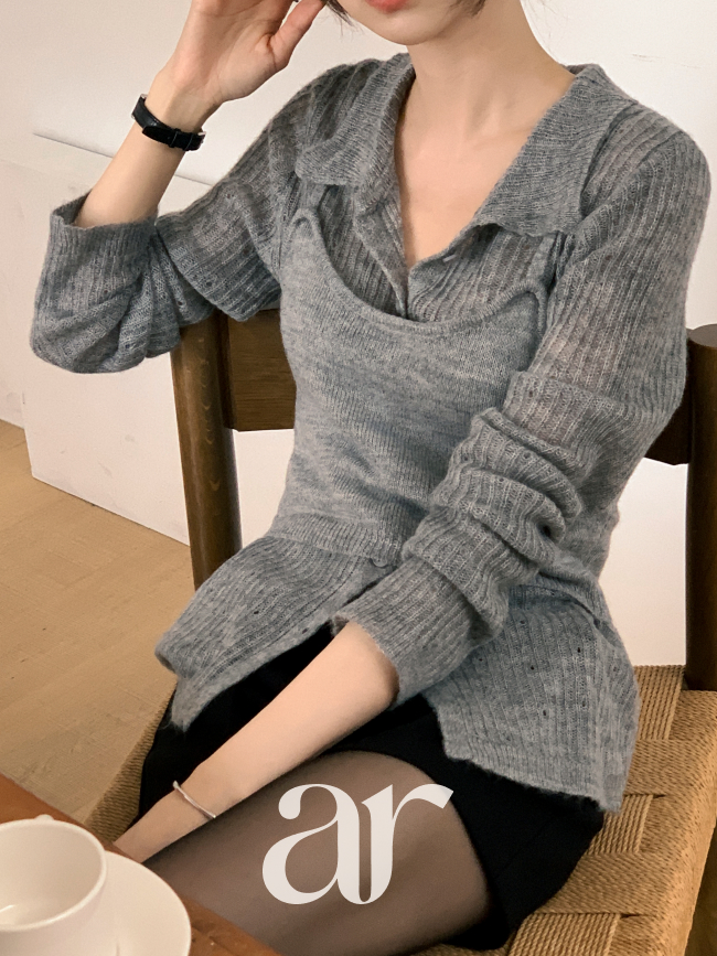 [울함유] 2벌세트구성 레이어드 뷔스티에 니트 카라 가디건 세트 st2991 - 상세 이미지 2