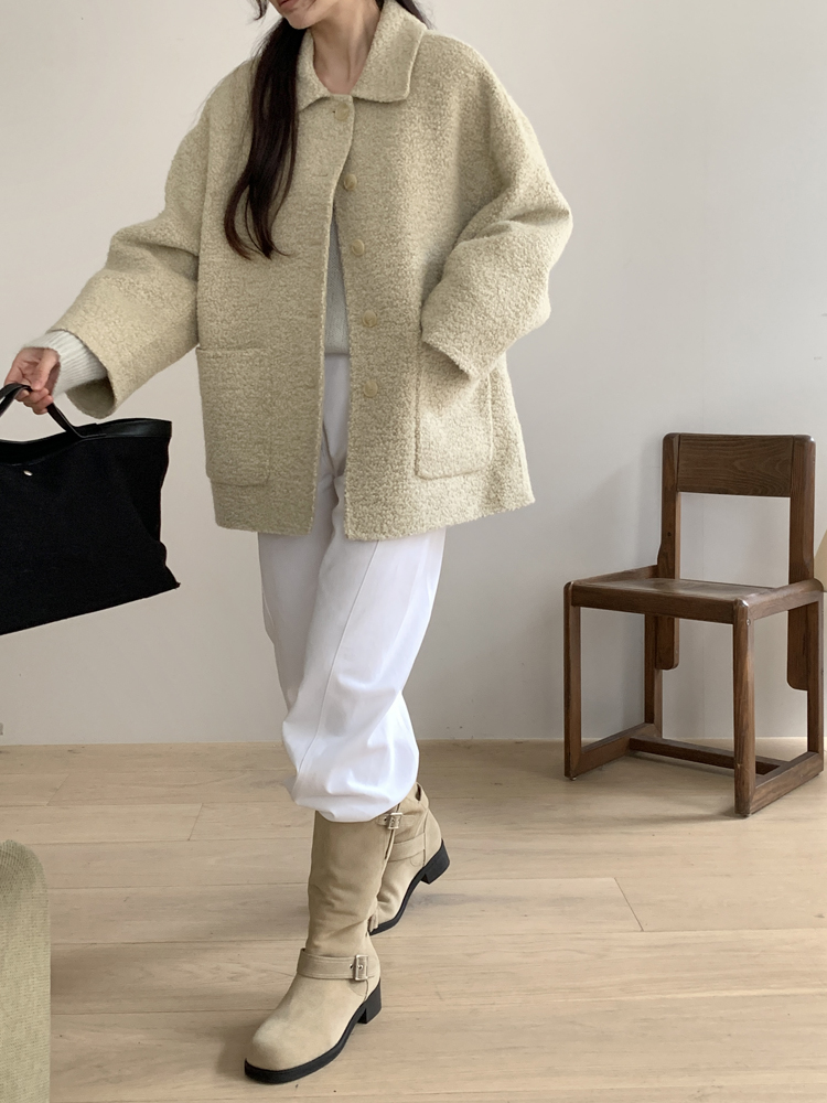 오버핏 부클 알파카 핸드메이드 코트 울 하프 반코트 뽀글이 싱글 양털 겨울 여성 코트