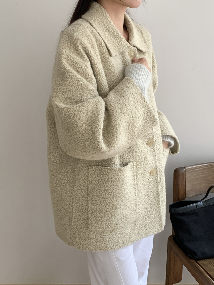 오버핏 부클 알파카 핸드메이드 코트 울 하프 반코트 뽀글이 싱글 양털 겨울 여성 코트