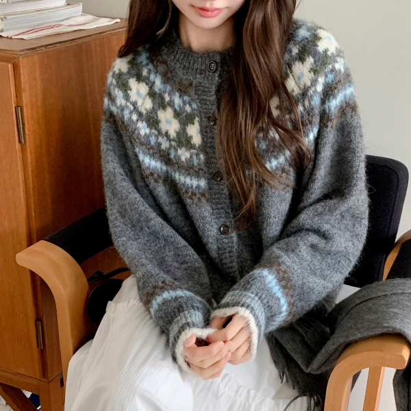 [울함유] 플라워 코위찬 패턴 니트 가디건 cd3457 제품 이미지