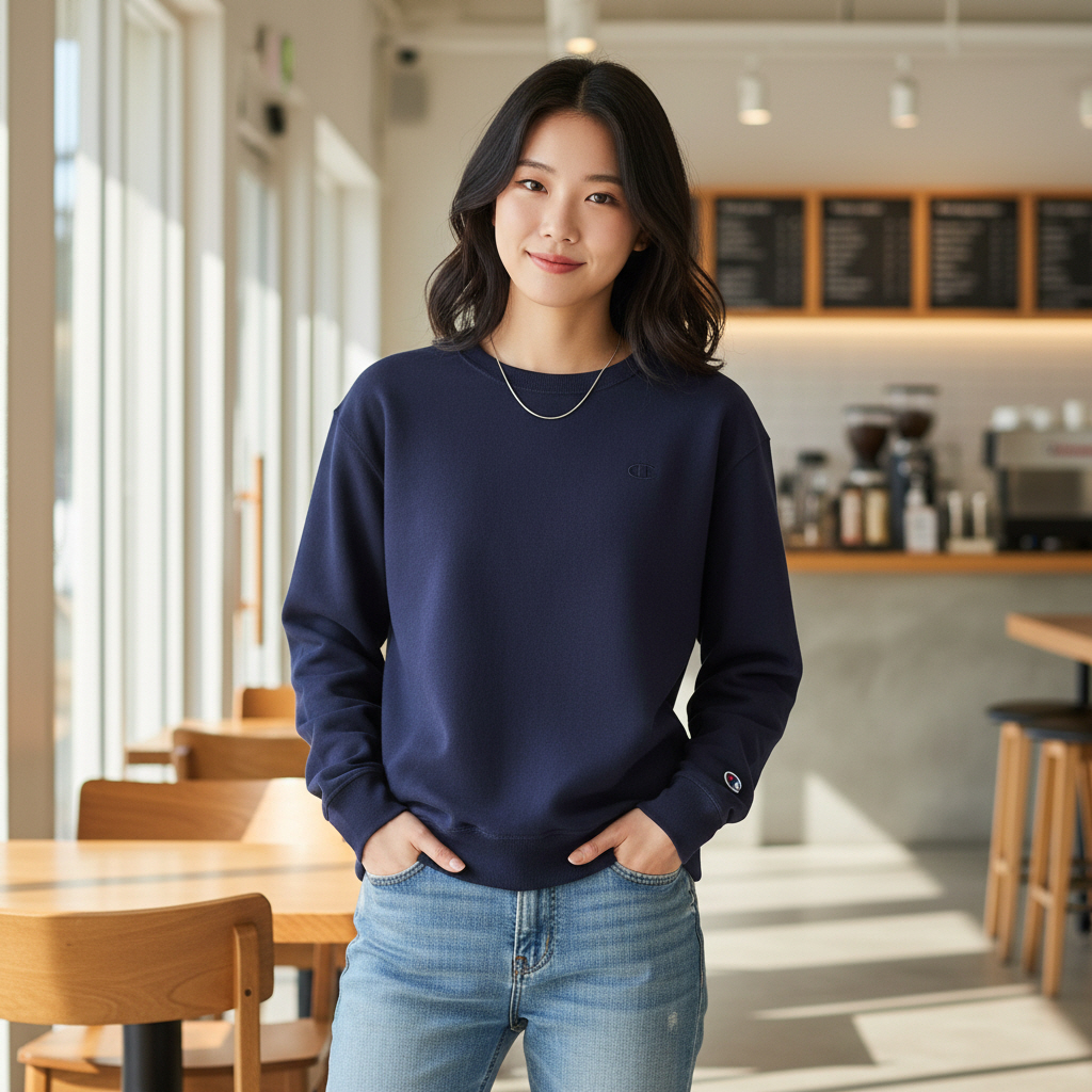 챔피온 로고 맨투맨 파워블렌드 0888 남녀공용 네이비, M - 상품 이미지