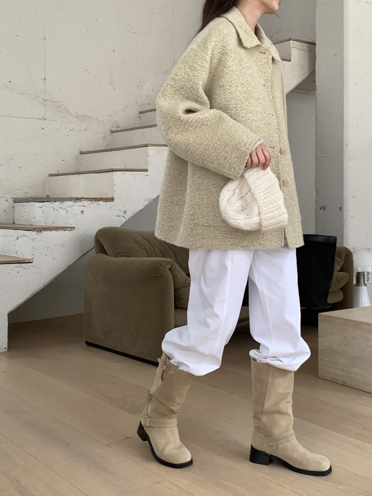 오버핏 부클 알파카 핸드메이드 코트 울 하프 반코트 뽀글이 싱글 양털 겨울 여성 코트