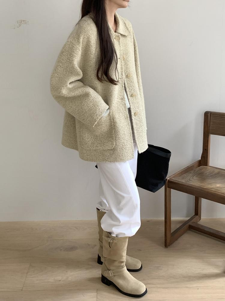 오버핏 부클 알파카 핸드메이드 코트 울 하프 반코트 뽀글이 싱글 양털 겨울 여성 코트