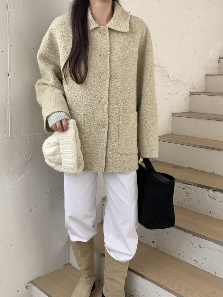 오버핏 부클 알파카 핸드메이드 코트 울 하프 반코트 뽀글이 싱글 양털 겨울 여성 코트