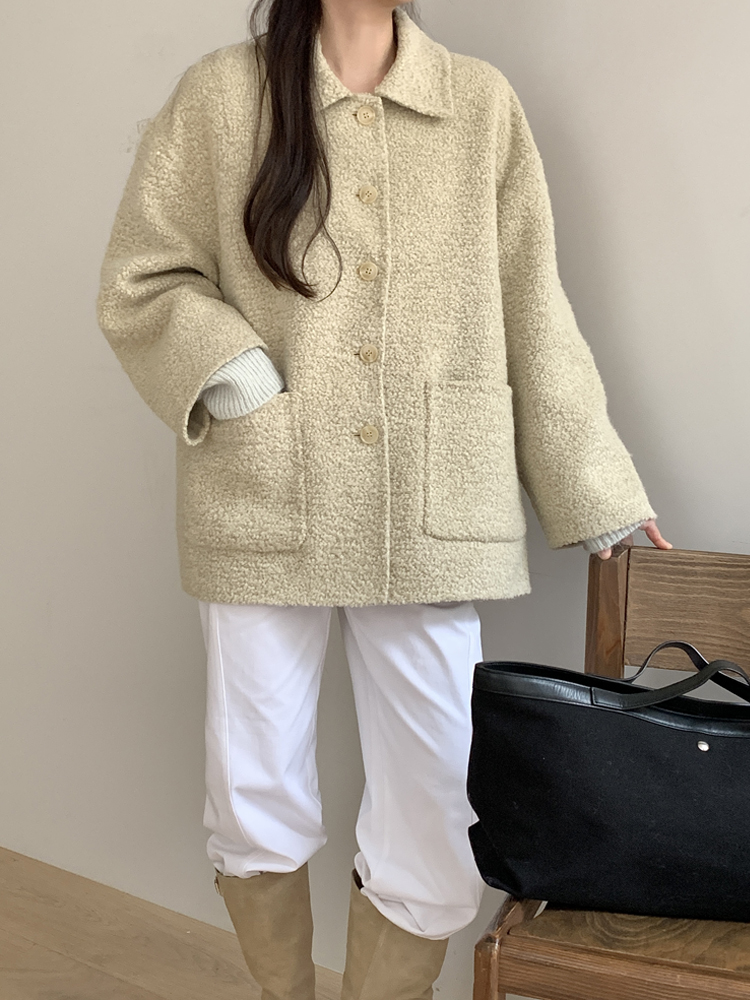 오버핏 부클 알파카 핸드메이드 코트 울 하프 반코트 뽀글이 싱글 양털 겨울 여성 코트