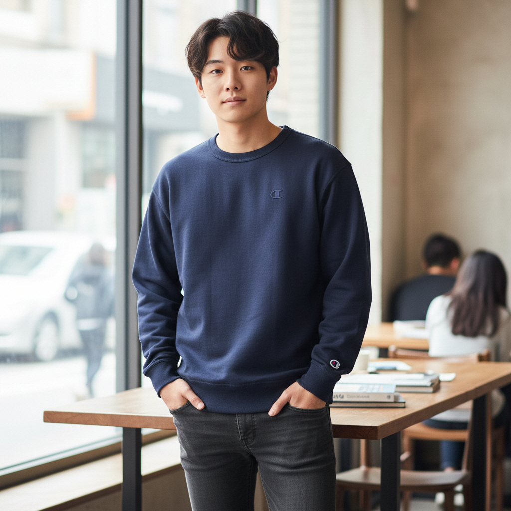 챔피온 로고 맨투맨 파워블렌드 0888 남녀공용 네이비, M - 상세 이미지 4