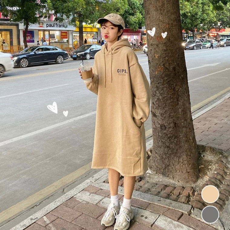 캐주얼 편한 겨울 여성 후드 원피스 두툼 기모 일상룩 - 상품 이미지