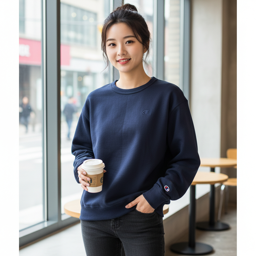 챔피온 로고 맨투맨 파워블렌드 0888 남녀공용 네이비, M - 상세 이미지 3