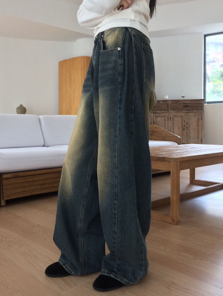 사이드 핀턱 데일리 빅 와이드 데님 (2color) : 모브앤로지