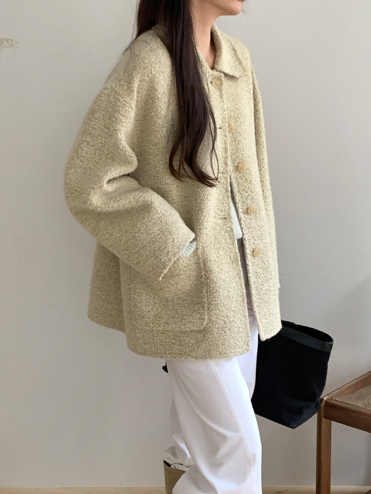 오버핏 부클 알파카 핸드메이드 코트 울 하프 반코트 뽀글이 싱글 양털 겨울 여성 코트