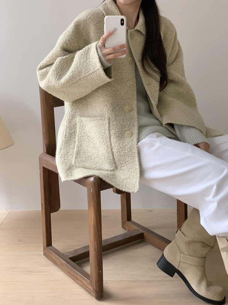 오버핏 부클 알파카 핸드메이드 코트 울 하프 반코트 뽀글이 싱글 양털 겨울 여성 코트