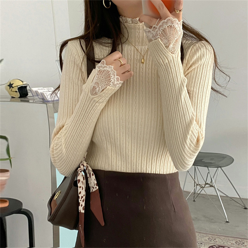 도톰 소매 레이스넥 골지니트티 슬림핏 겨울이너 여성오피스룩 여자여자몰 - 상품 이미지