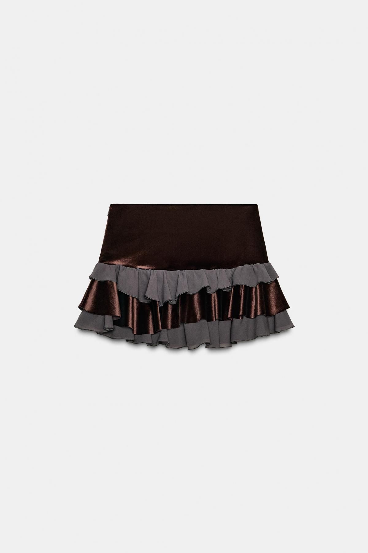 자라 벨벳 프릴 콤비 미니 스커트 6929/520 DARK BROWN - 상세 이미지 4
