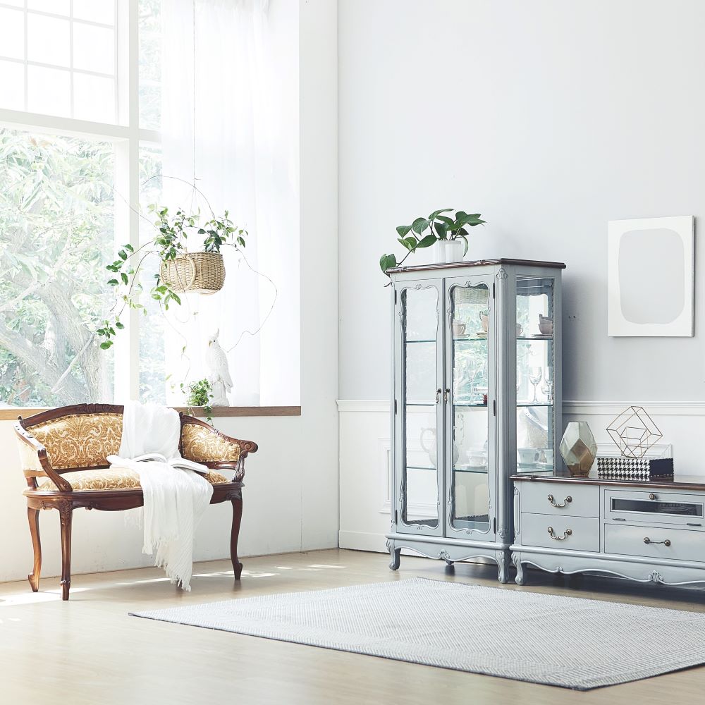 까사홈 샤인그레이 엔틱거실장세트 (유리장식장+거실장+협탁)