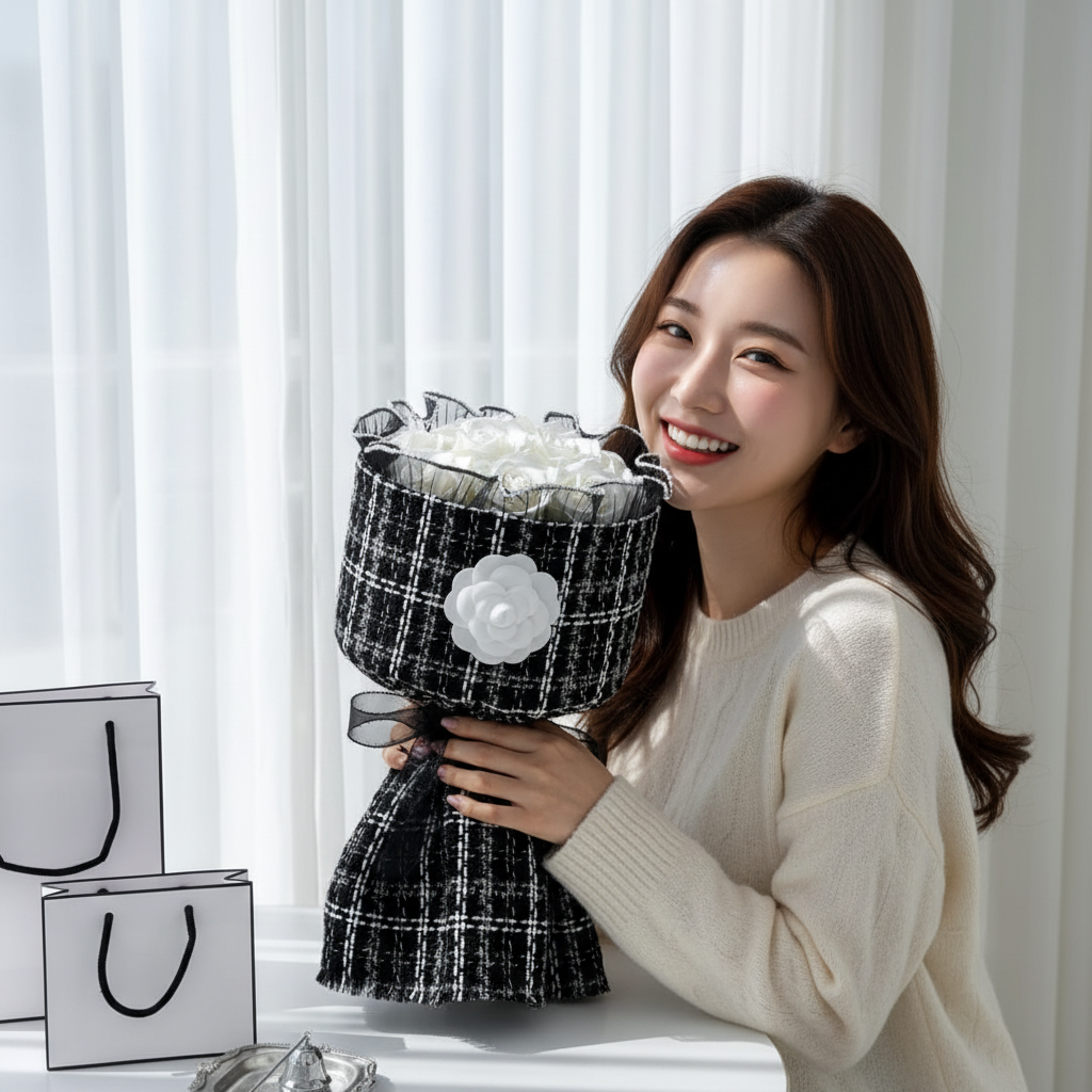 졸업식꽃다발 명품 비누꽃다발 졸업 꽃 샤넬장미 화이트 S 블랙