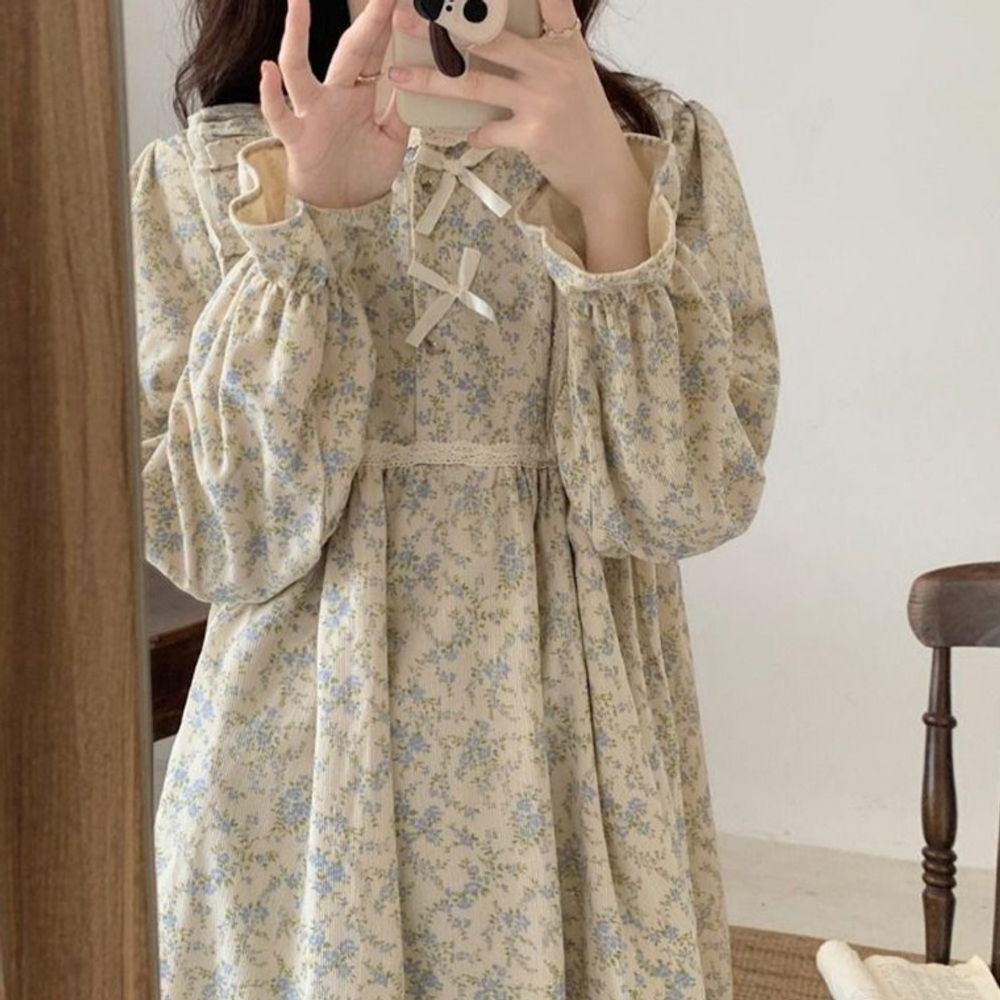 꽃무늬 잔꽃 긴팔 원피스 플라워 잠옷 홈웨어 - 상품 이미지